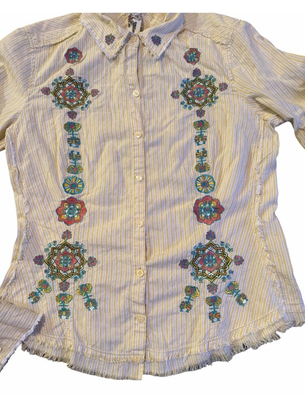 Johnny Was 3J Workshop Roxanna 5026 Striped Embroidered Floral Button Up Shirt M - Picture 3 of 13